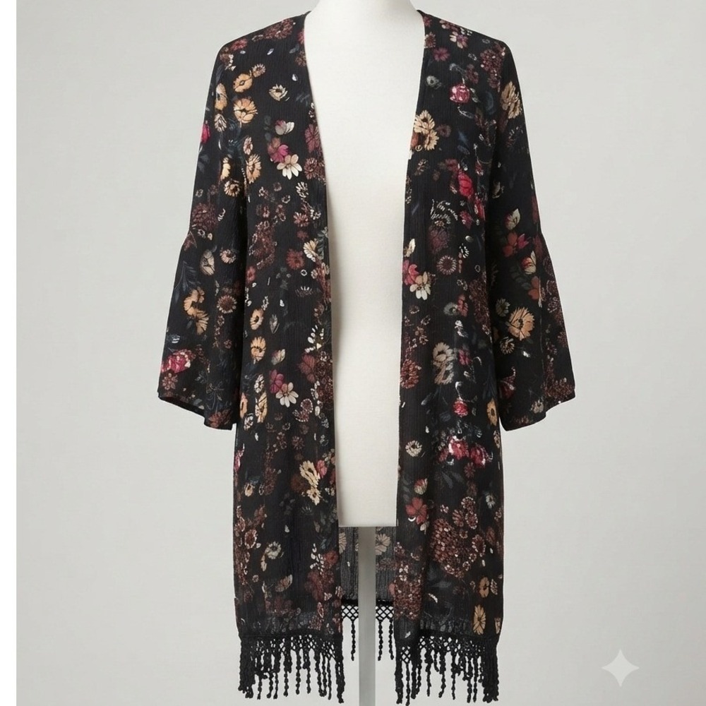 Time and Tru Womens Boho Floral Kimono Wrap Black Pink Sleeves Tassel Fringe OS